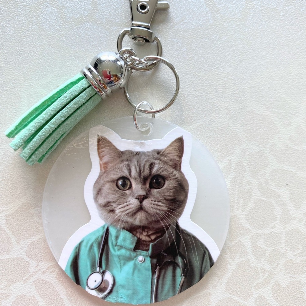 Hand Crafted Cat Keychain with Mint Tassel